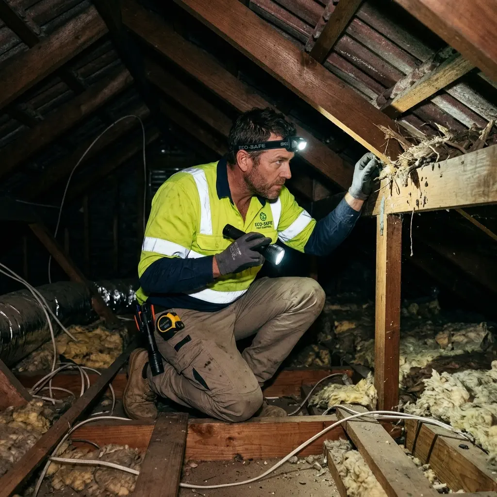 Technician inspecting a roof cavity for a dead animal in Watsons Creek